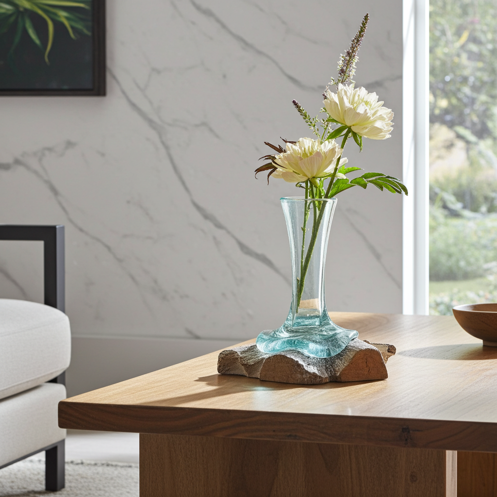 Molton Glass Small Vase On A Whitewashed Wooden Stand