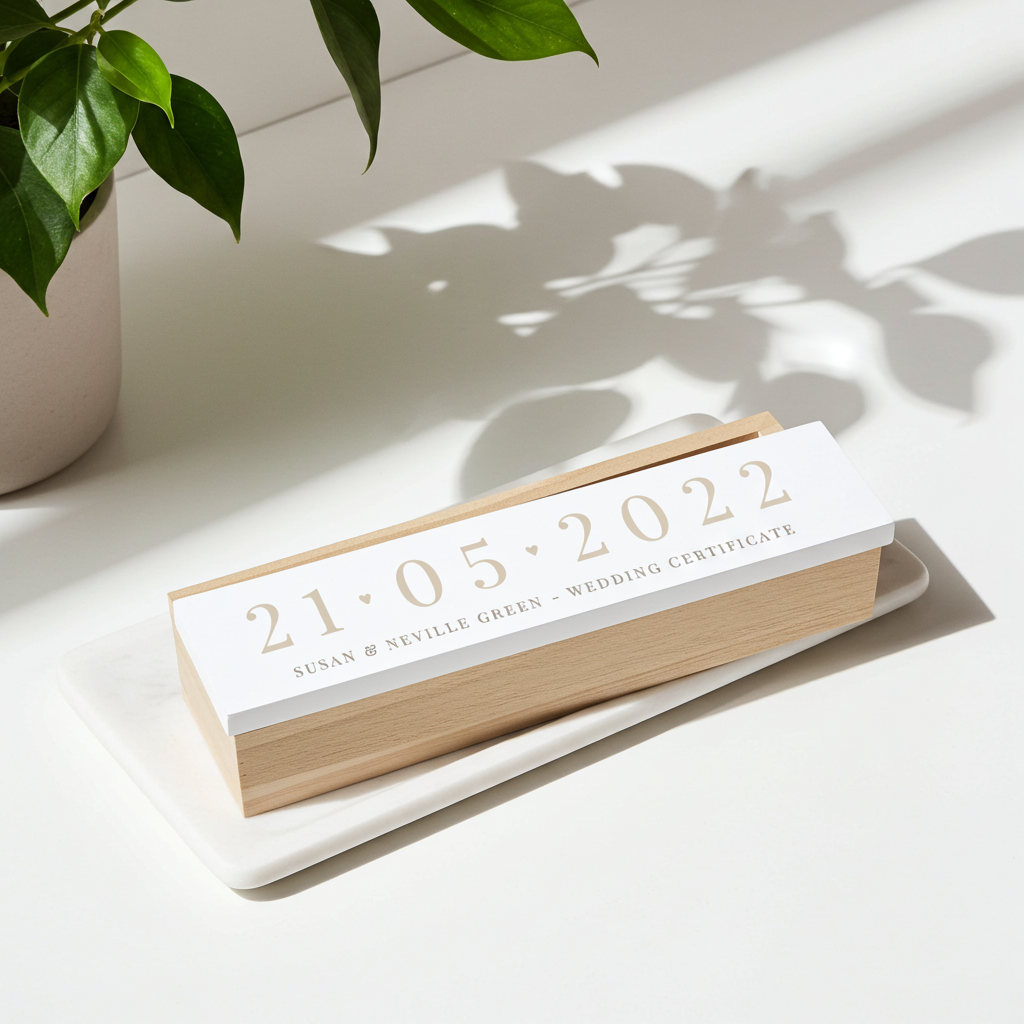Personalised Special Date Wooden Certificate Holder | A Beautiful Way to Protect Precious Memories - Artfully Curated Creations and identify whats in the image