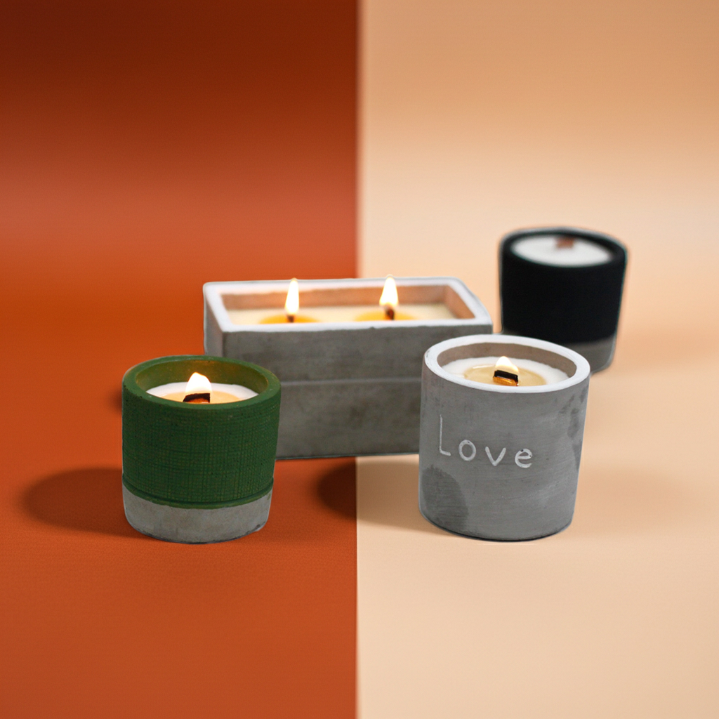 Concrete Wooden Wick Candle In Reusable Container | Multiple Styles & Scents Available