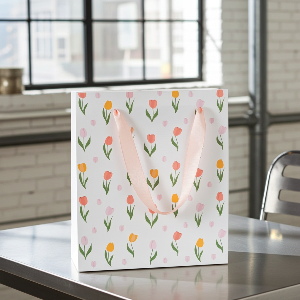 Tulip Gift Bag for Mum | Floral Paper Gift Bag | Mother’s Day Gift Packaging | 23cm | Bright Spring Design - Artfully Curated Creations and identify whats in the image