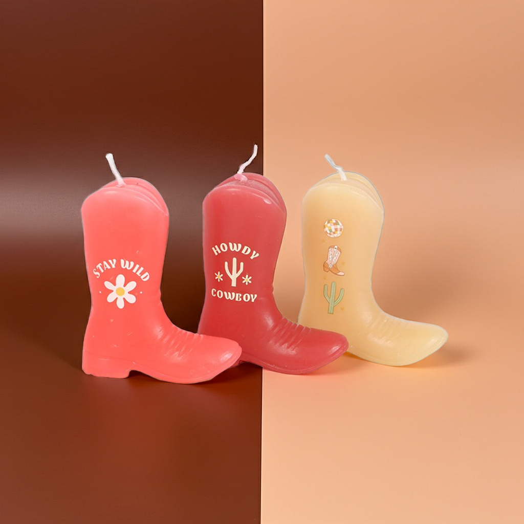 Howdy Cowboy Set of 3 Cowboy Boot Candles Pink Western Decor Unscented Paraffin Wax Novelty Candles with Fun Sayings, Drip-Style
