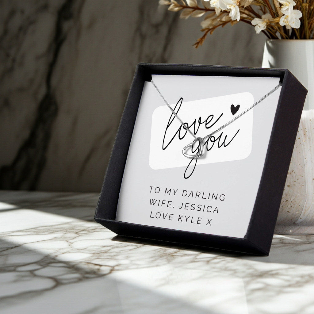 Personalised ‘Love You’ Silver Necklace | Engraved Sentiment Card & Gift Box - Artfully Curated Creations and identify whats in the image