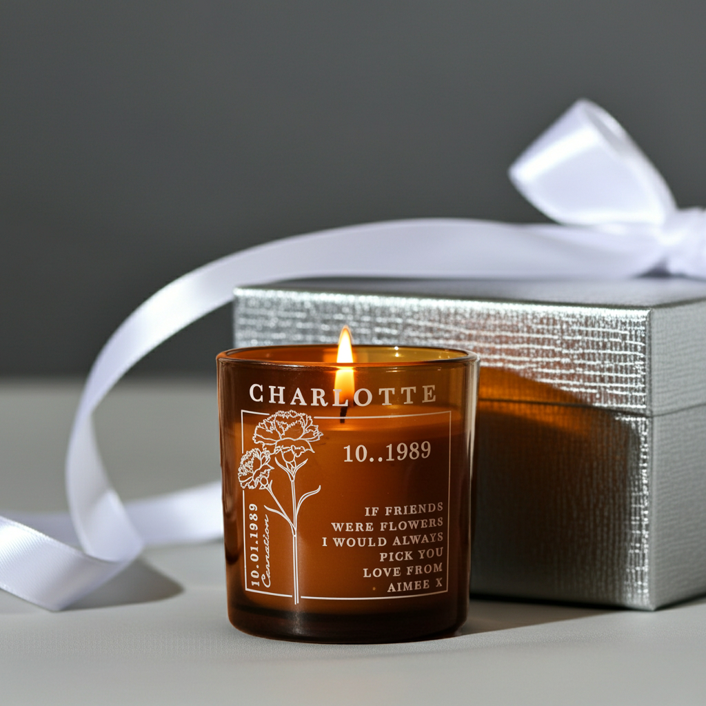 Personalised Birth Flower Engraved Amber Glass Jar Candle, a Handmade Keepsake Birthday Gift for Her, Mum and Best Friend