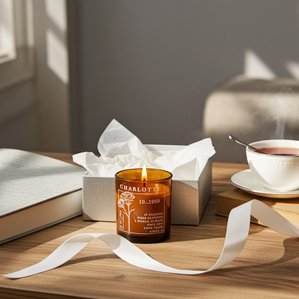 Personalised Birth Flower Engraved Amber Glass Jar Candle, a Handmade Keepsake Birthday Gift for Her, Mum and Best Friend