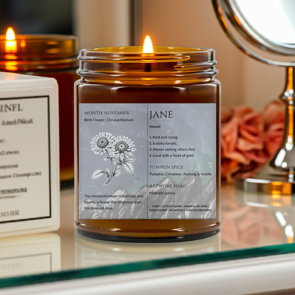 The Definition of you birth flower customisable scented artwork candle | Handmade | A personal gift - Artfully Curated Creations and identify whats in the image