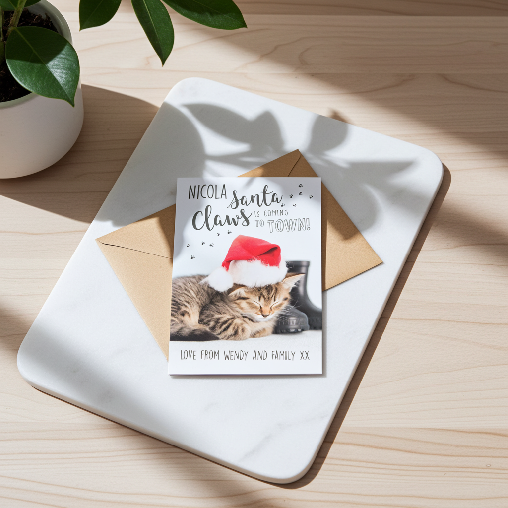 Personalised Rachael Hale “Santa Claws” Christmas Cat Card | The Purrfect Festive Surprise - Artfully Curated Creations and identify whats in the image
