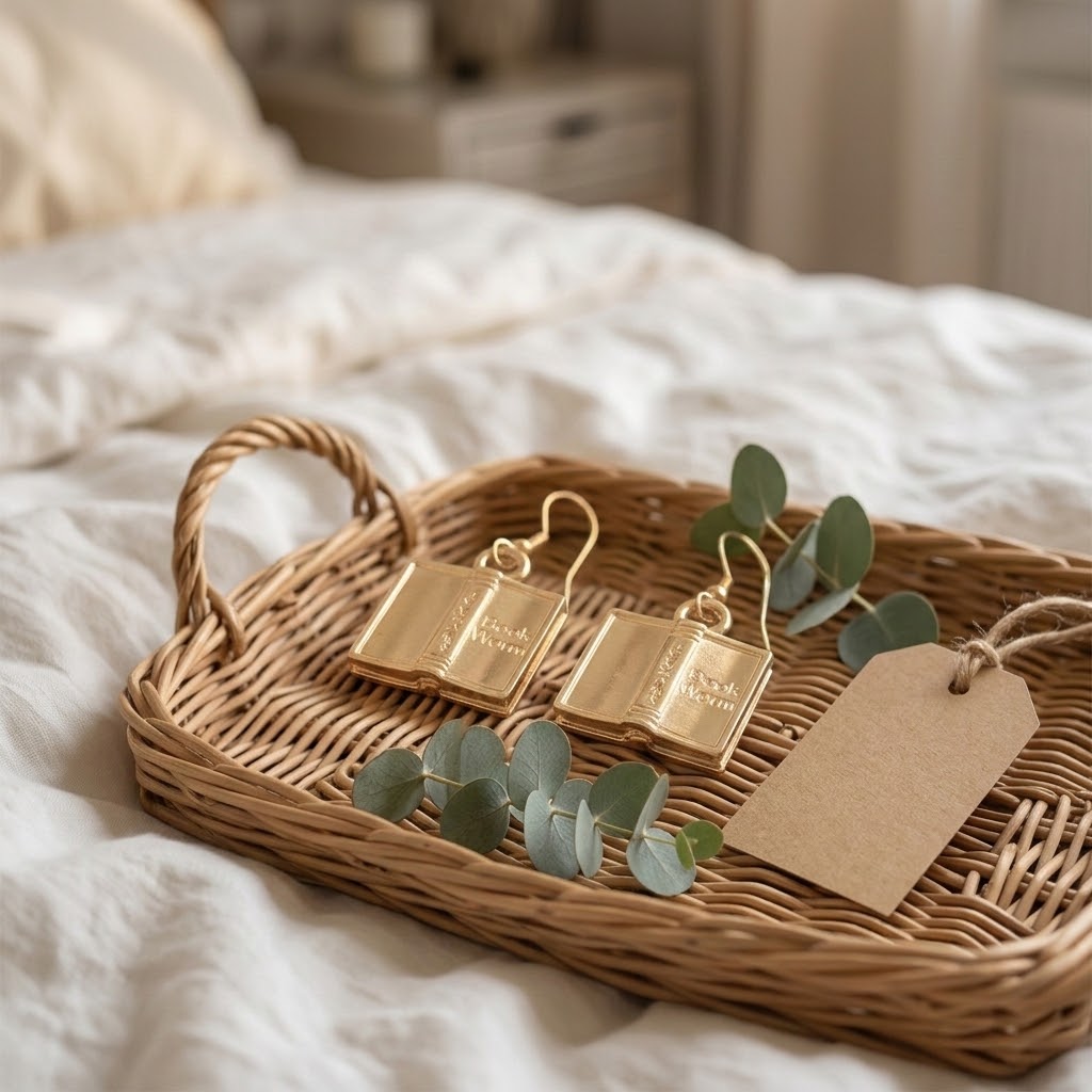 A pair of gold-toned rectangular drop earrings with delicate wire hooks, displayed on a woven wicker tray with eucalyptus leaves and a blank kraft gift tag, set on a soft white bedspread.