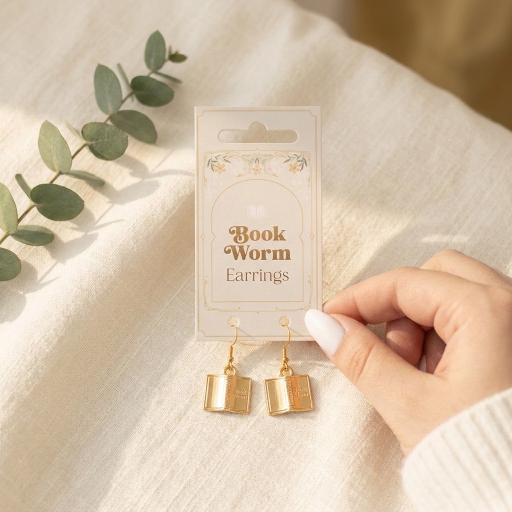 A pair of gold drop earrings shaped like open books hang from a small display card labeled 'Book Worm Earrings,' held by a hand against a soft cream fabric background with a green eucalyptus sprig.
