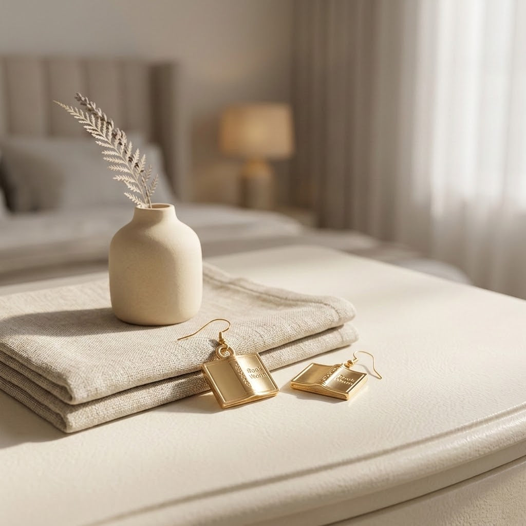 Gold rectangular dangle earrings with engraved text, displayed on a cream-colored upholstered bench next to a folded beige linen cloth and a small ceramic vase with dried stems in a softly lit bedroom setting.