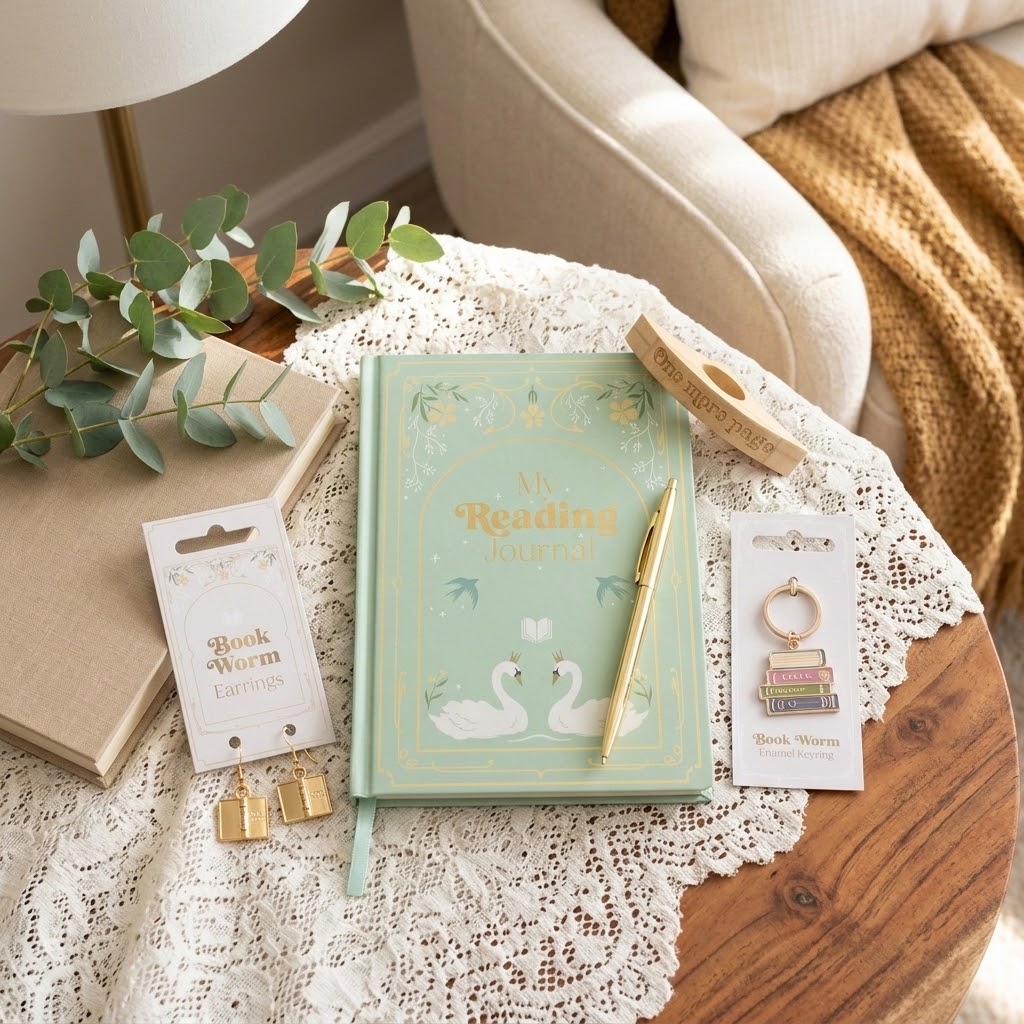 A styled flat-lay of a mint green hardcover journal with a swan illustration and gold lettering, accompanied by a gold pen, gold book charms, and a wooden spool on a lace-covered wooden table.