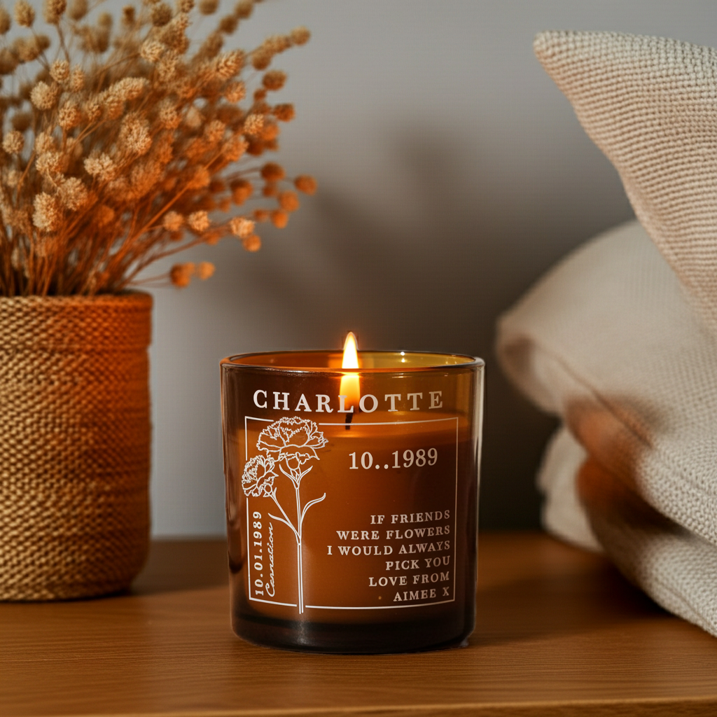 Personalised Birth Flower Candle in Amber Glass Jar | Handmade | A personal gift