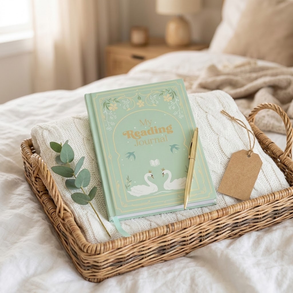 A mint green hardcover journal with a swan illustration and the title 'My Reading Journal' sits in a woven wicker tray on a bed. A gold pen, a blank kraft paper tag, and a green eucalyptus stem are arranged around it in a cozy bedroom setting.