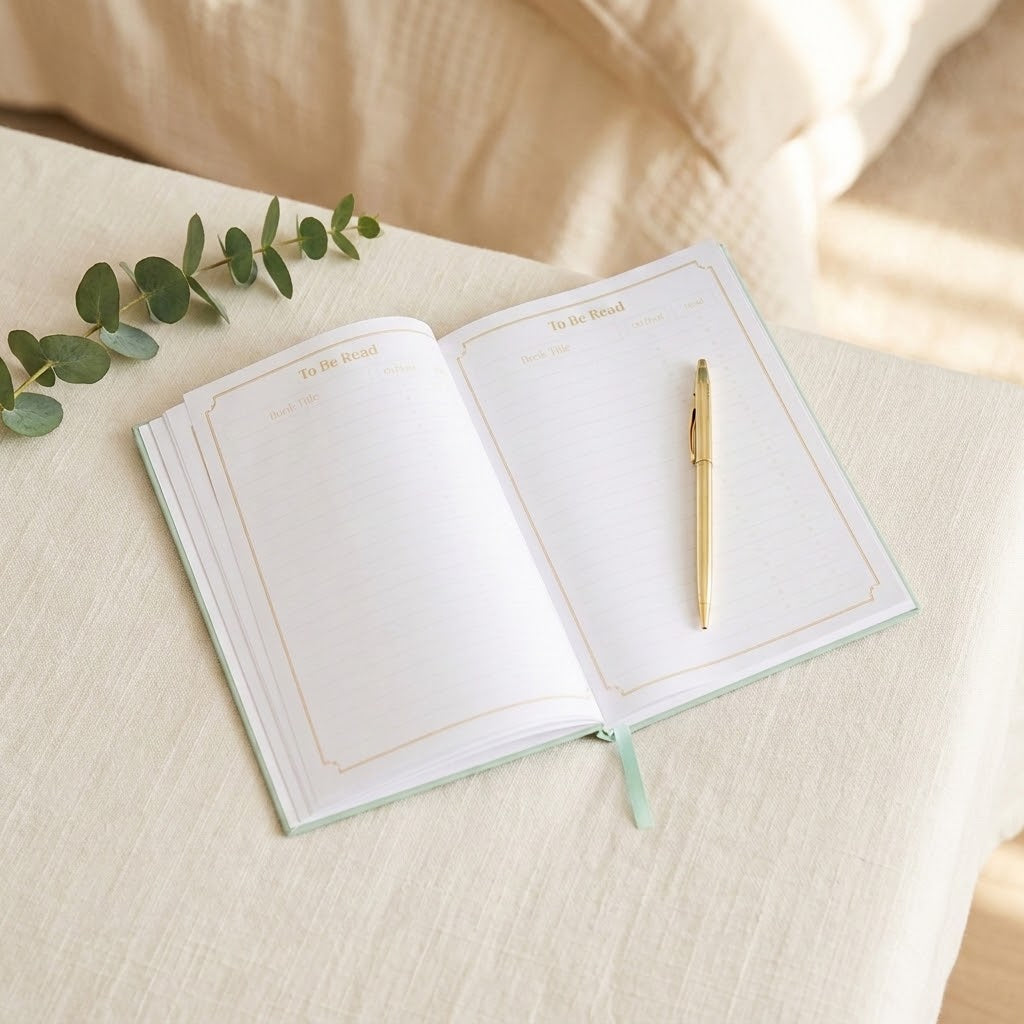 An open notebook with lined pages and a gold pen resting on top, placed on a light beige fabric surface with a sprig of green eucalyptus leaves nearby.