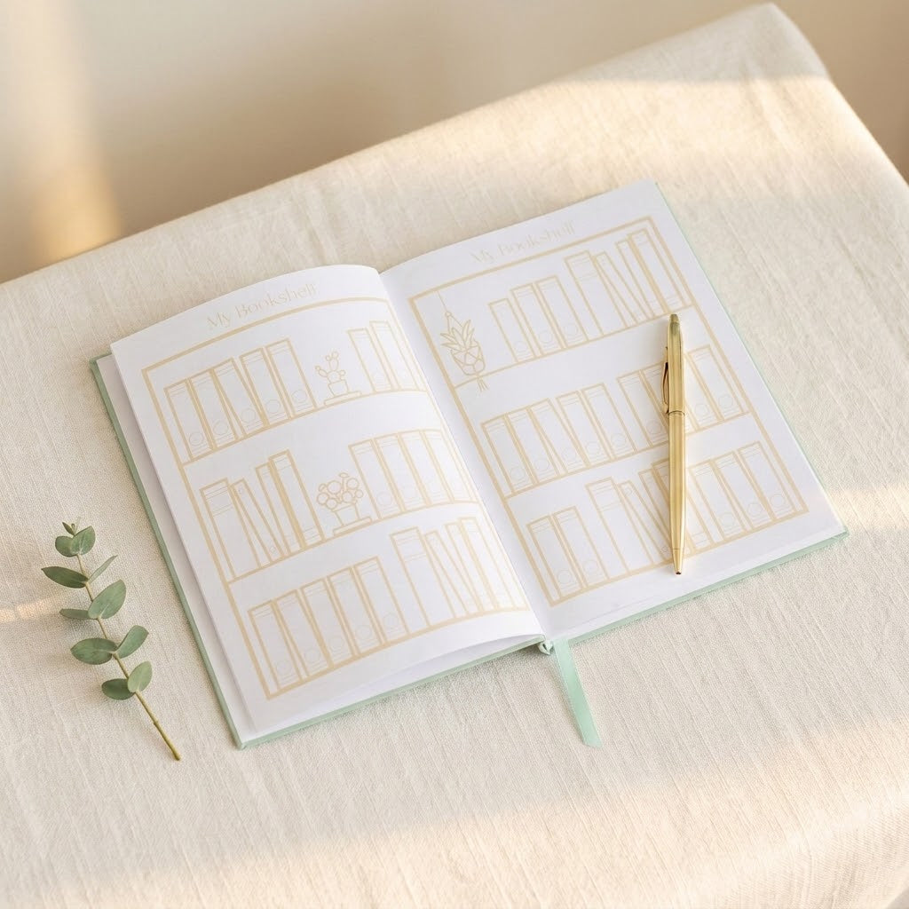 An open notebook with gold bookshelf illustrations on white pages, styled on a cream linen surface with a gold pen resting on it and a small green eucalyptus sprig nearby.