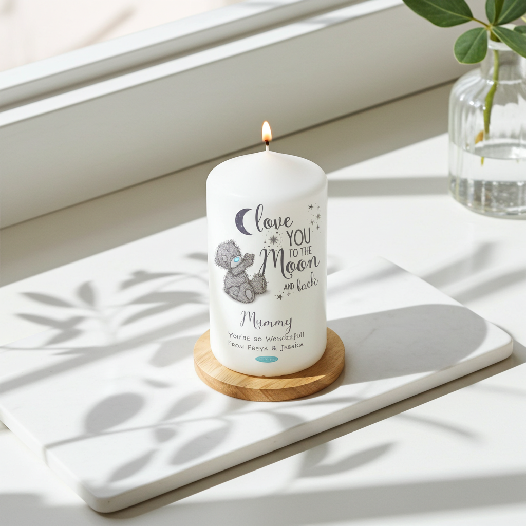 Me to You ‘Love You to the Moon and Back’ Personalised Pillar Candle - Artfully Curated Creations and identify whats in the image