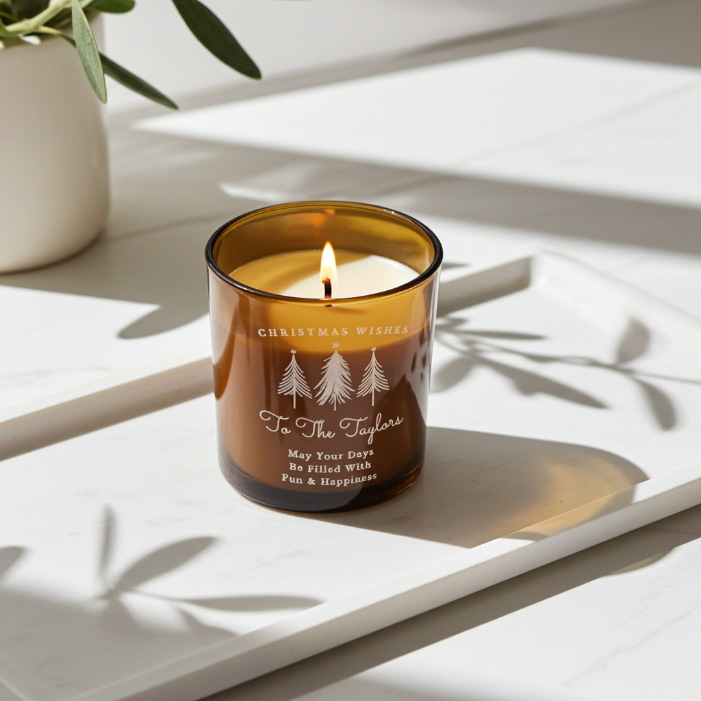 Personalised Amber Glass Vanilla Candle Jar | Custom Festive Keepsake Gift - Artfully Curated Creations and identify whats in the image