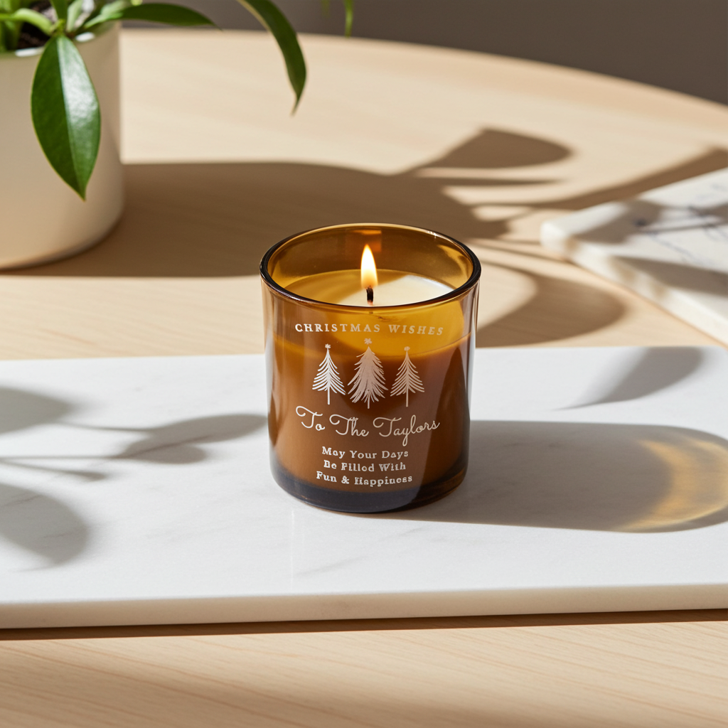 Personalised Amber Glass Vanilla Candle Jar | Custom Festive Keepsake Gift - Artfully Curated Creations and identify whats in the image