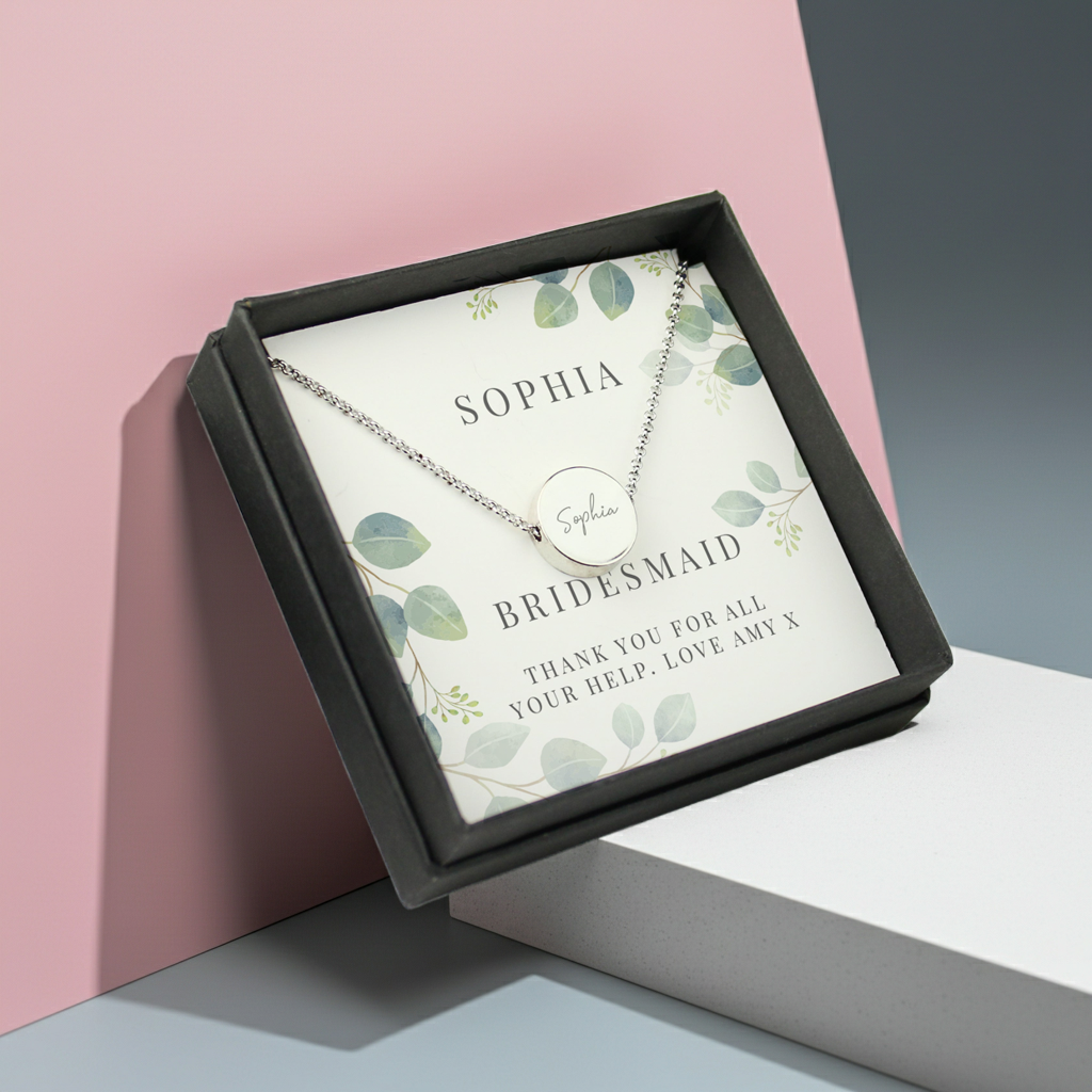 Personalised Disc Necklace|  Engraved Gift Box for Bridesmaids, Weddings & Special Occasions - Artfully Curated Creations and identify whats in the image