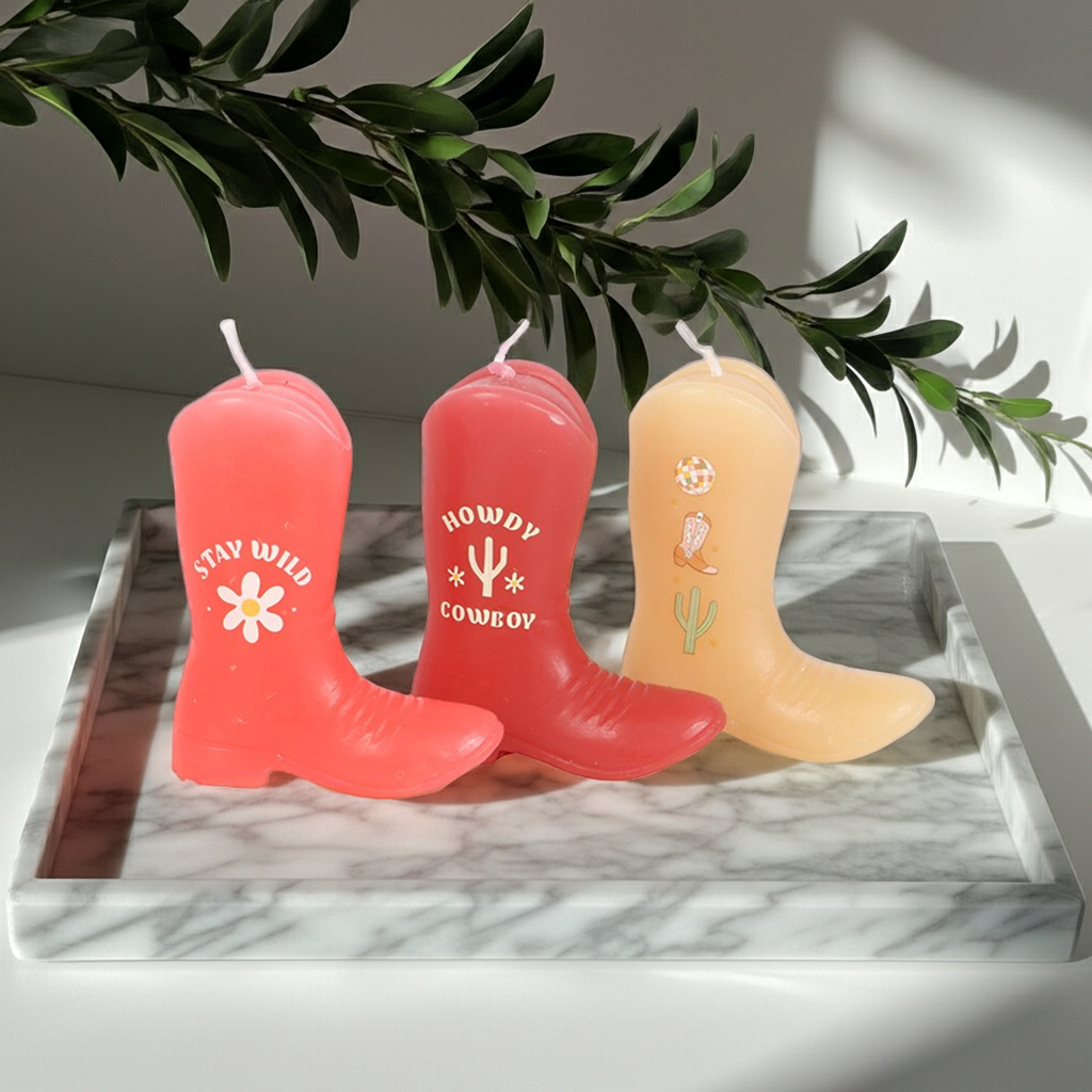 Howdy Cowboy Set of 3 Cowboy Boot Candles Pink Western Decor Unscented Paraffin Wax Novelty Candles with Fun Sayings, Drip-Style