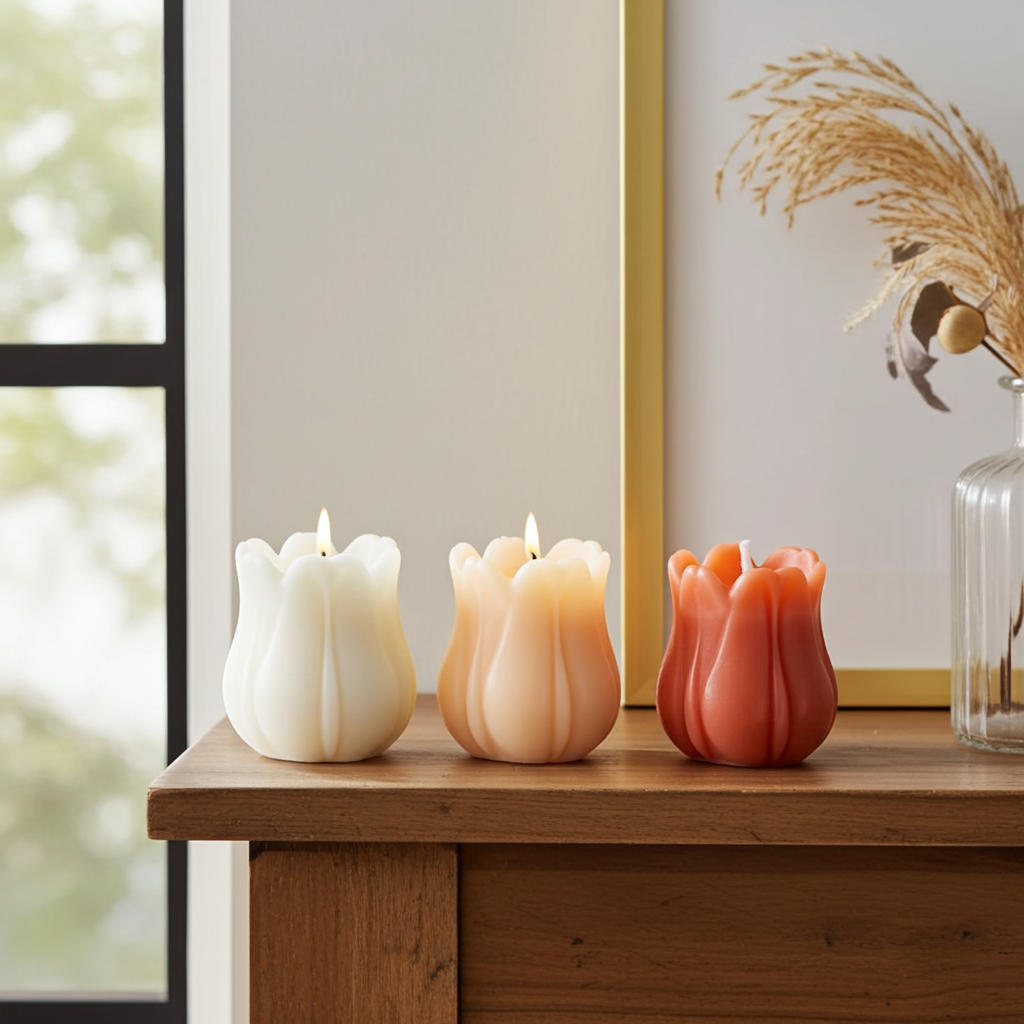 Tulip‑Shaped Candle Set | 3 Unscented Spring Candles | Floral Home Décor | 5‑Hour Burn | Easter & Spring Table Styling