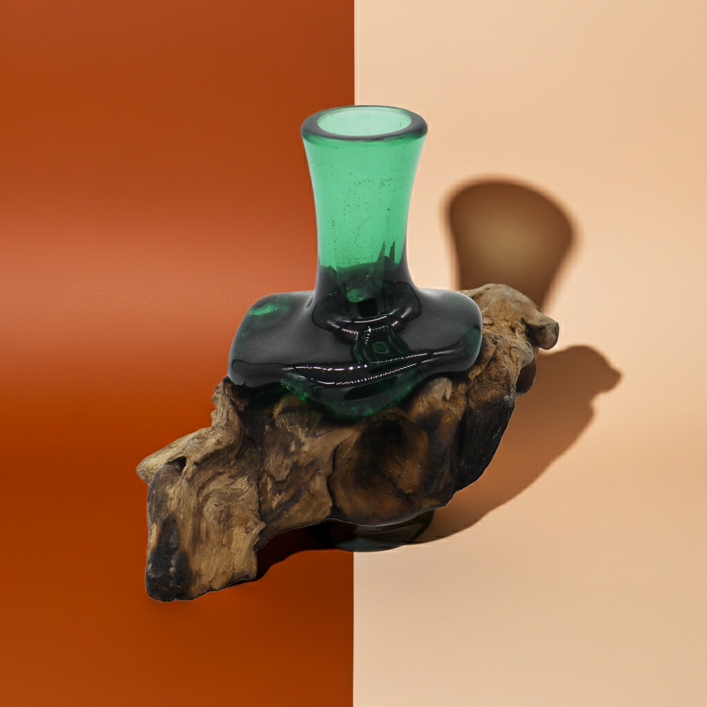 Molton Recycled Beer Bottle Glass Mini Flower Vase On Wooden Stand