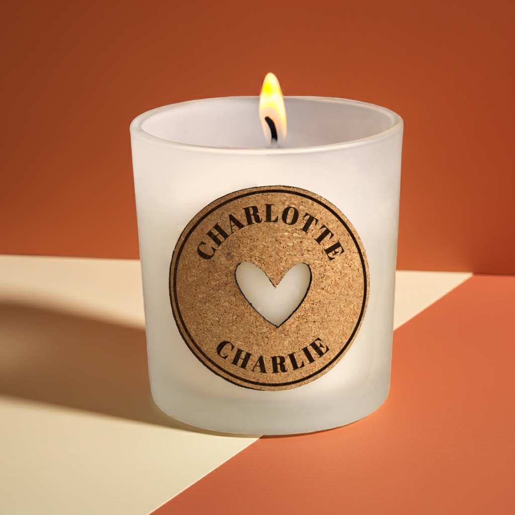 Personalised Heart Vanilla Scented Jar Candle | Custom Cork Label Gift - Artfully Curated Creations and identify whats in the image