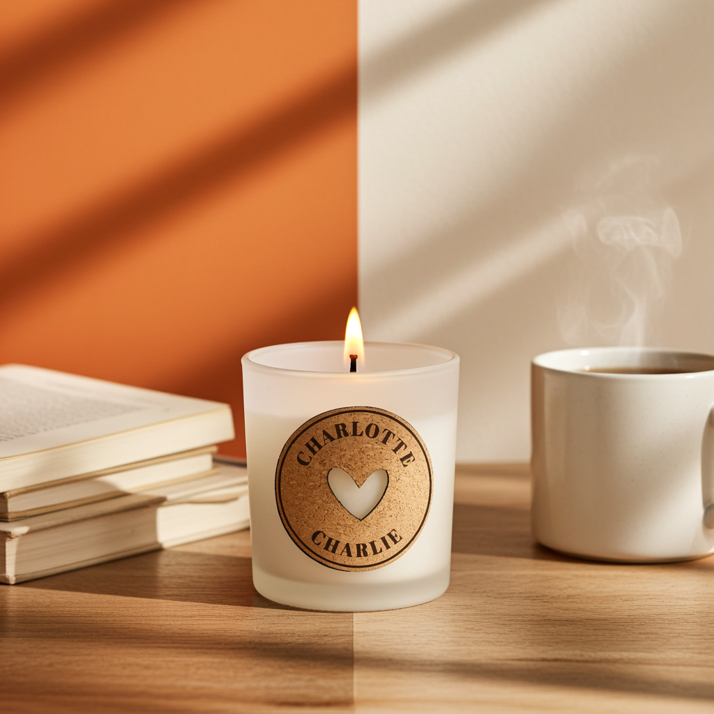 Personalised Heart Vanilla Scented Jar Candle | Custom Cork Label Gift - Artfully Curated Creations and identify whats in the image