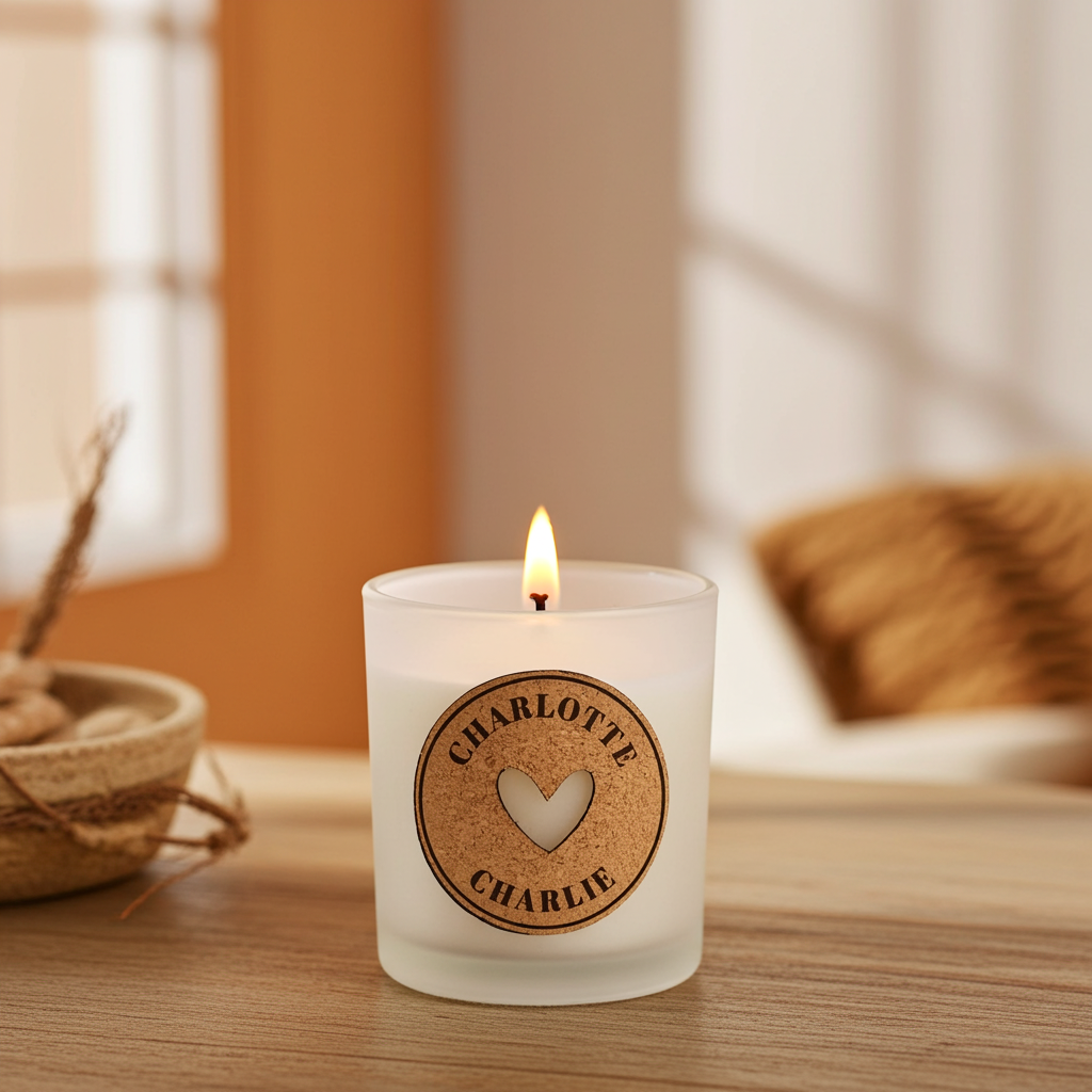 Personalised Heart Vanilla Scented Jar Candle | Custom Cork Label Gift - Artfully Curated Creations and identify whats in the image