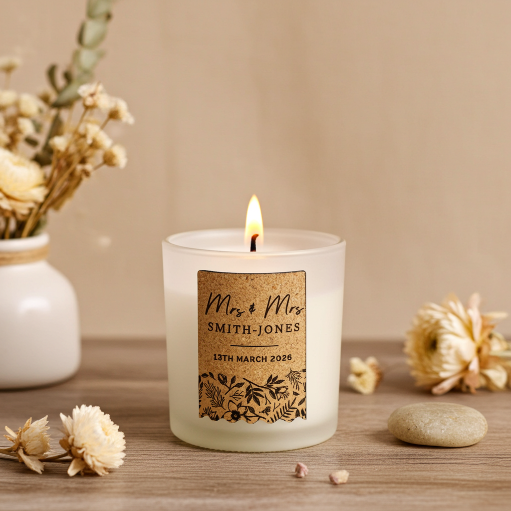 Personalised Wedding Cork Label Vanilla Candle |  Custom Keepsake Gift for Newlyweds - Artfully Curated Creations and identify whats in the image