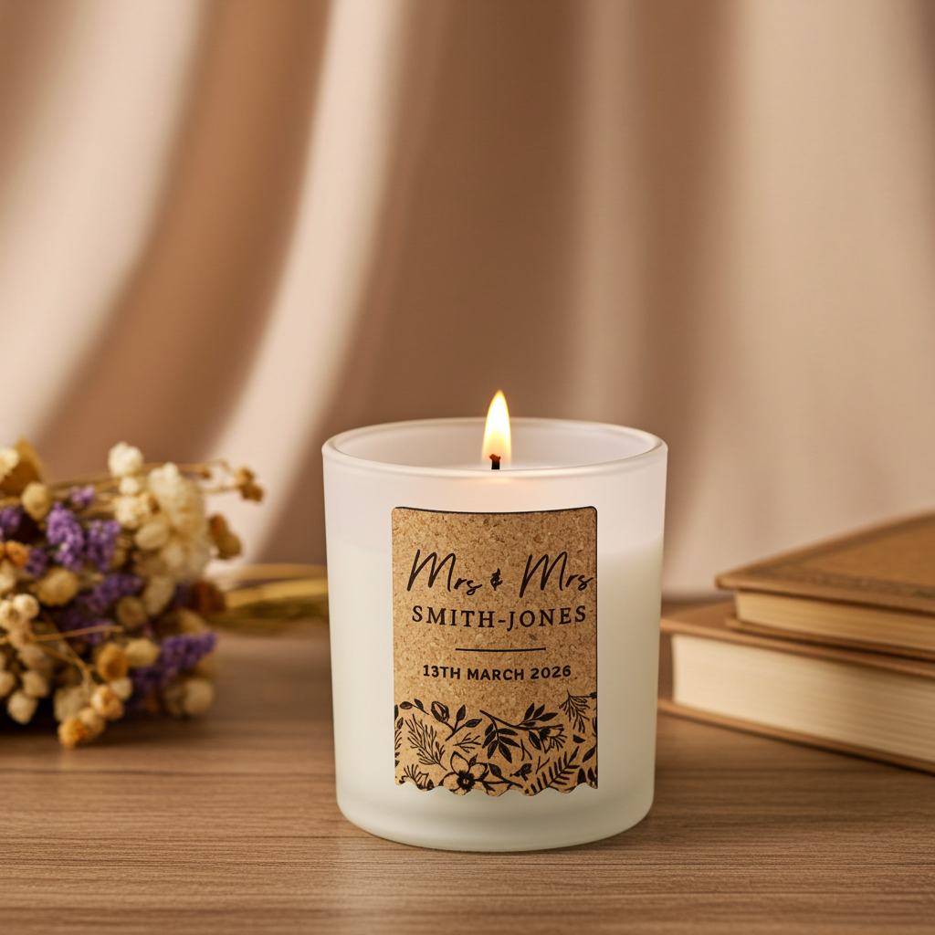 Personalised Wedding Cork Label Vanilla Candle |  Custom Keepsake Gift for Newlyweds - Artfully Curated Creations and identify whats in the image