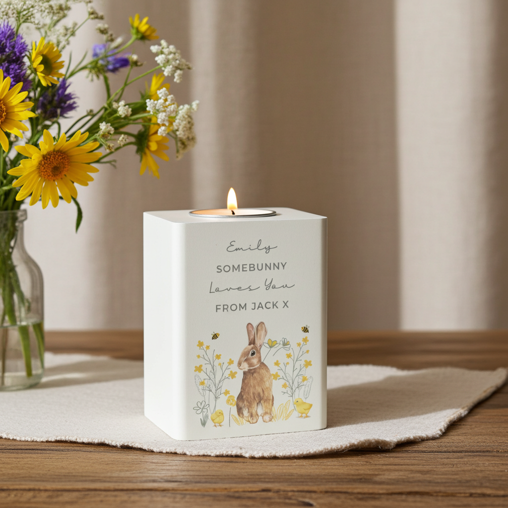 Personalised Spring Bunny Tealight Holder | Custom Wooden Spring Gift - Artfully Curated Creations and identify whats in the image