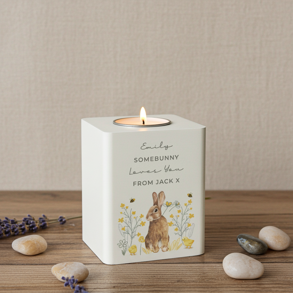 Personalised Spring Bunny Tealight Holder | Custom Wooden Spring Gift - Artfully Curated Creations and identify whats in the image