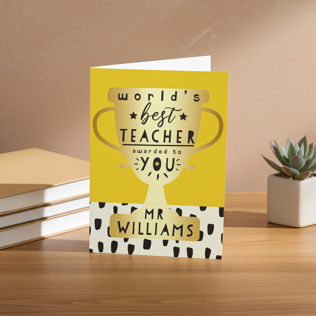 Personalised ‘World’s Best Teacher’ Greeting Card | A Thoughtful Way to Say Thank You - Artfully Curated Creations and identify whats in the image