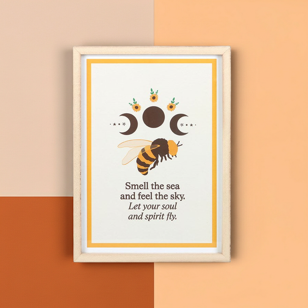 Summer Solstice Bee & Sunflower Framed Print Rustic Wall Art with Inspirational Quote & Moon Phases Wooden Frame