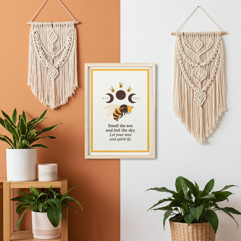 Summer Solstice Bee & Sunflower Framed Print Rustic Wall Art with Inspirational Quote & Moon Phases Wooden Frame