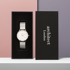 Personalised Ladies Blanc Luxury Handcrafted Watch By Architect London with Stainless Steel Silver Case, Mesh Strap & Gift Box | Modern Font Engraving | A Personal Gift