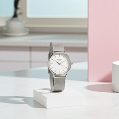 Personalised Ladies Blanc Luxury Handcrafted Watch By Architect London with Stainless Steel Silver Case, Mesh Strap & Gift Box | Modern Font Engraving | A Personal Gift
