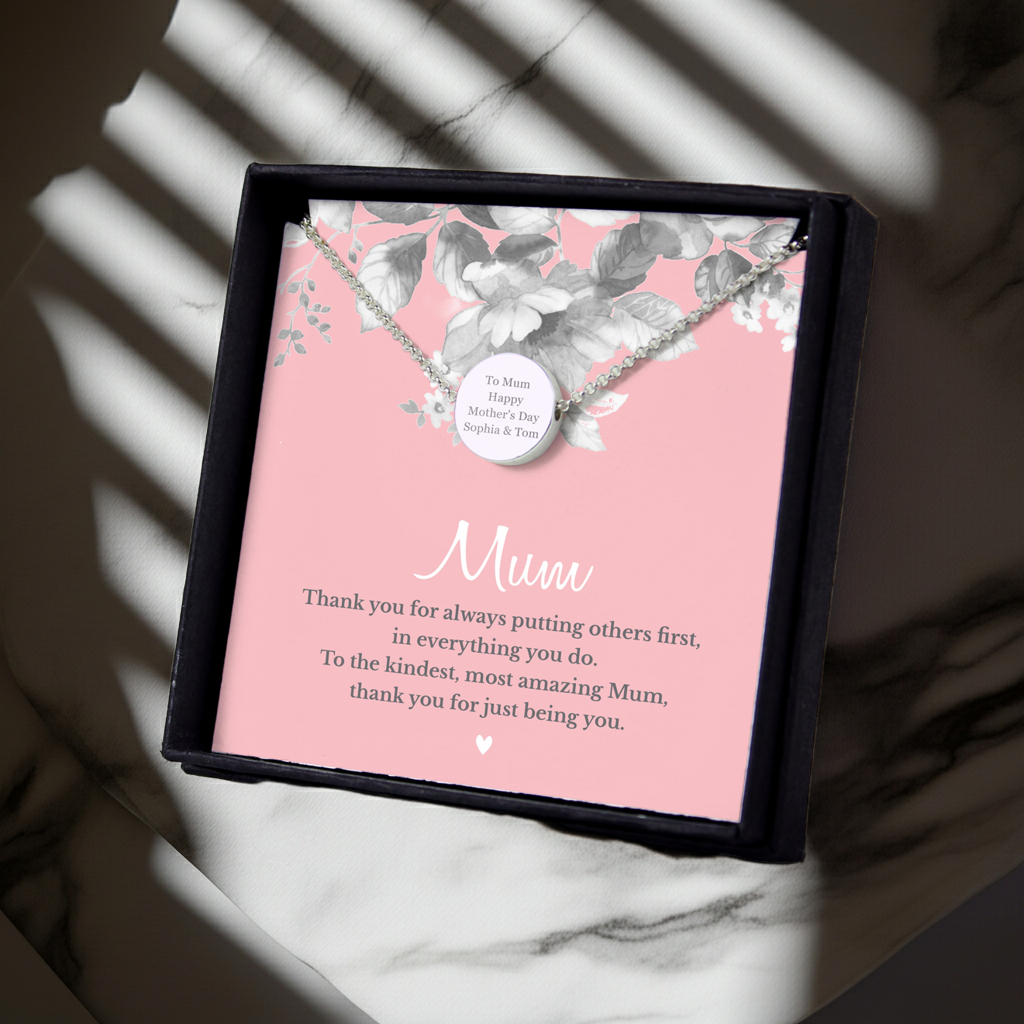 Personalised Silver Tone Necklace | ‘Mum’ Sentiment Gift Box for Mother’s Day & Special Occasions - Artfully Curated Creations and identify whats in the image
