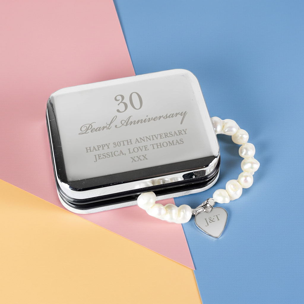 Personalised Pearl Bracelet | Engraved Chrome Gift Box for Anniversaries & Special Occasions - Artfully Curated Creations and identify whats in the image