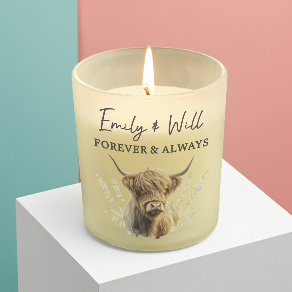 Personalised Highland Cow Vanilla Frosted Candle Jar | Custom Message Gift - Artfully Curated Creations and identify whats in the image