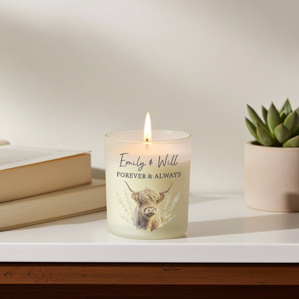 Personalised Highland Cow Vanilla Frosted Candle Jar | Custom Message Gift - Artfully Curated Creations and identify whats in the image