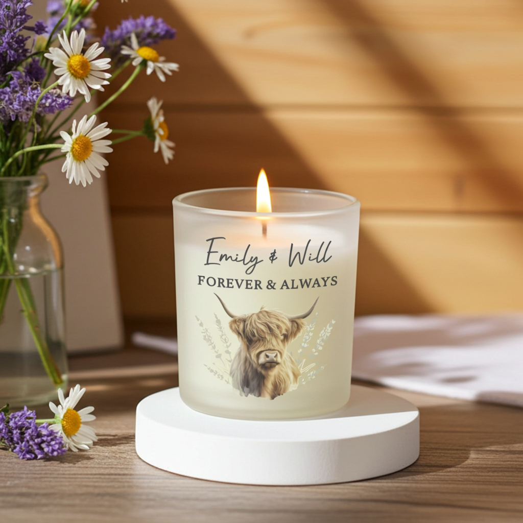 Personalised Highland Cow Vanilla Frosted Candle Jar | Custom Message Gift - Artfully Curated Creations and identify whats in the image
