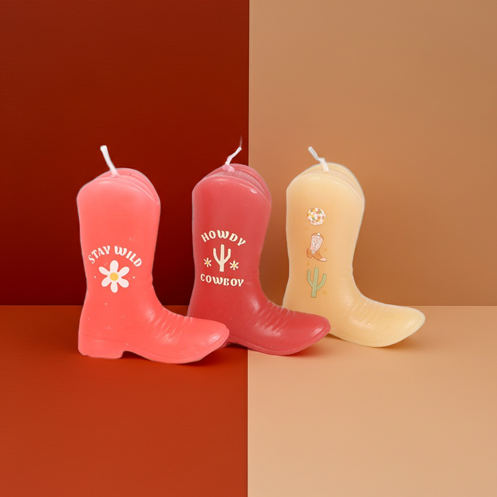 Howdy Cowboy Set of 3 Cowboy Boot Candles Pink Western Decor Unscented Paraffin Wax Novelty Candles with Fun Sayings, Drip-Style