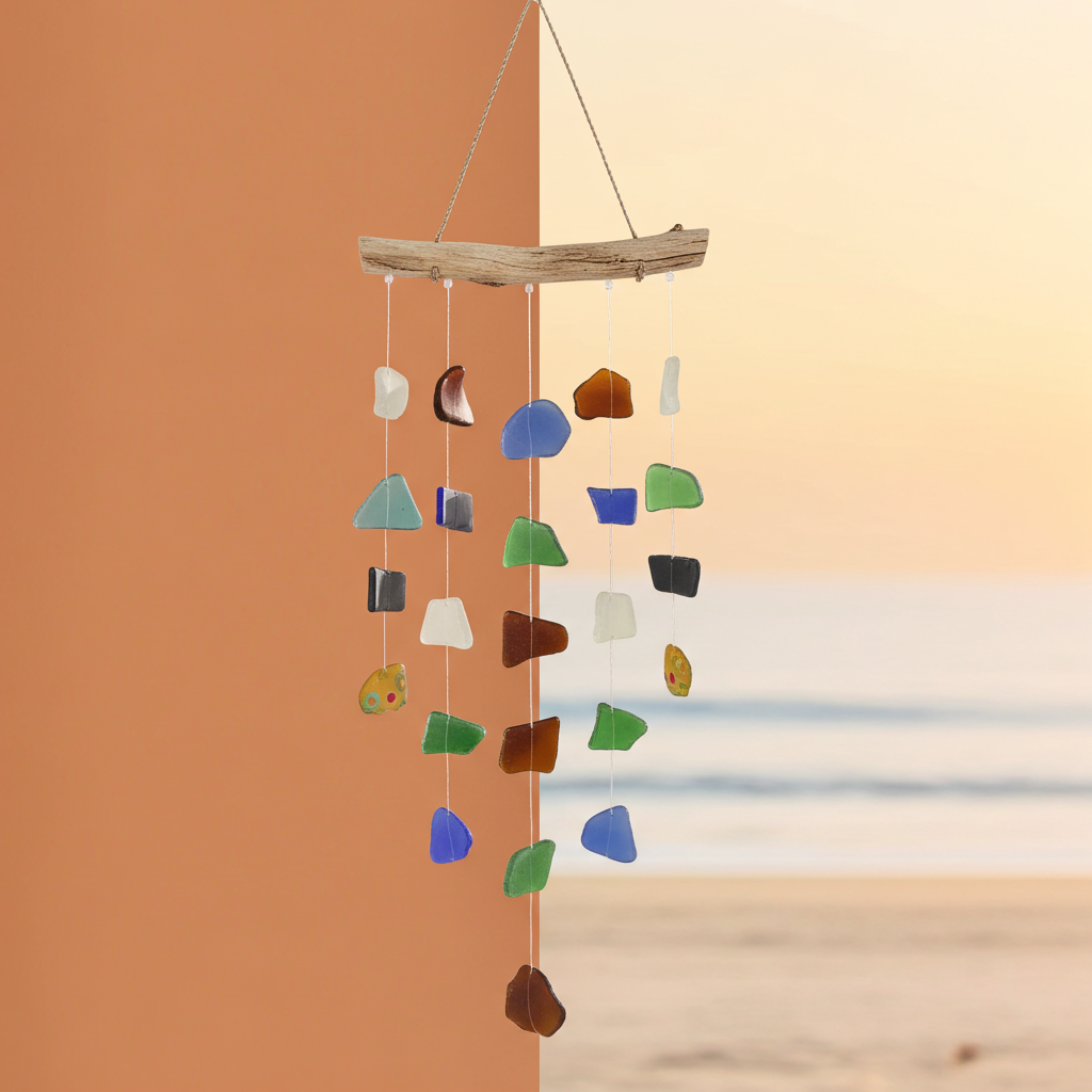Recycled Glass Simple Five String Wind Chimes - Multi Coloured
