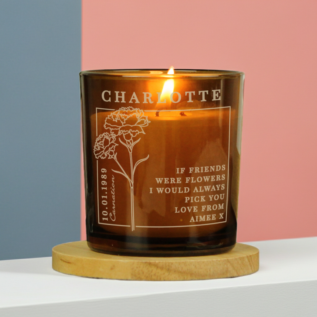 Personalised Birth Flower Candle in Amber Glass Jar | Handmade | A personal gift
