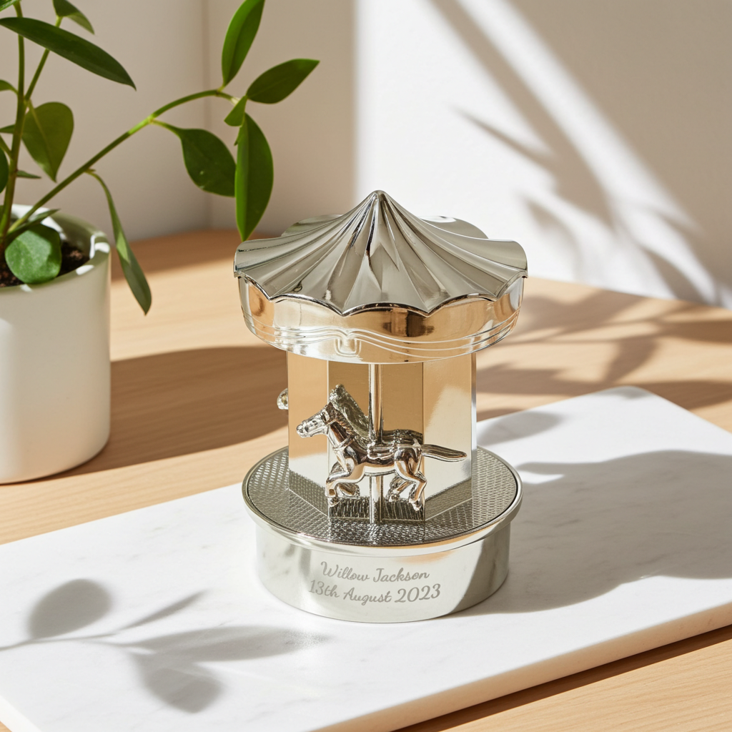 Decorative silver carousel figurine on a white surface with a plant in the background