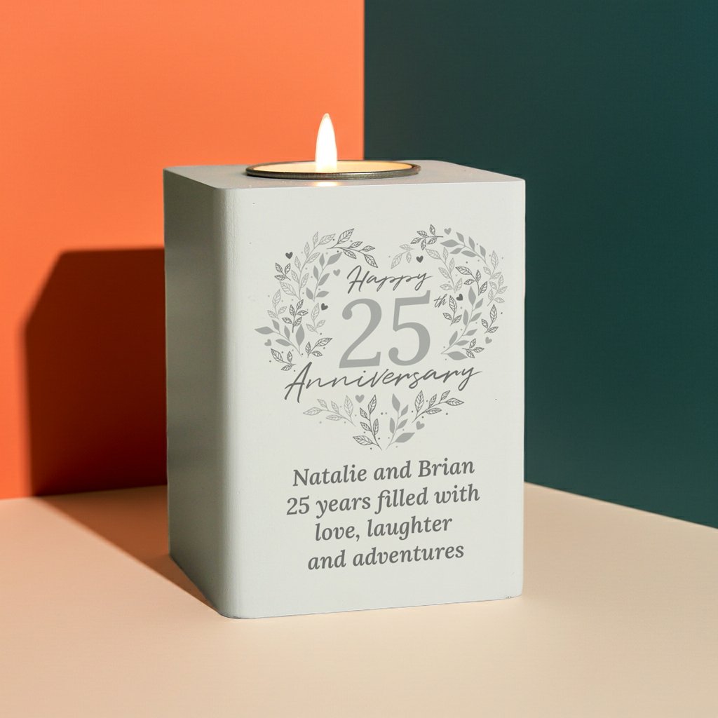 Personalised 25th Anniversary Tealight Holder | Silver Anniversary Keepsake - Artfully Curated Creations and identify whats in the image