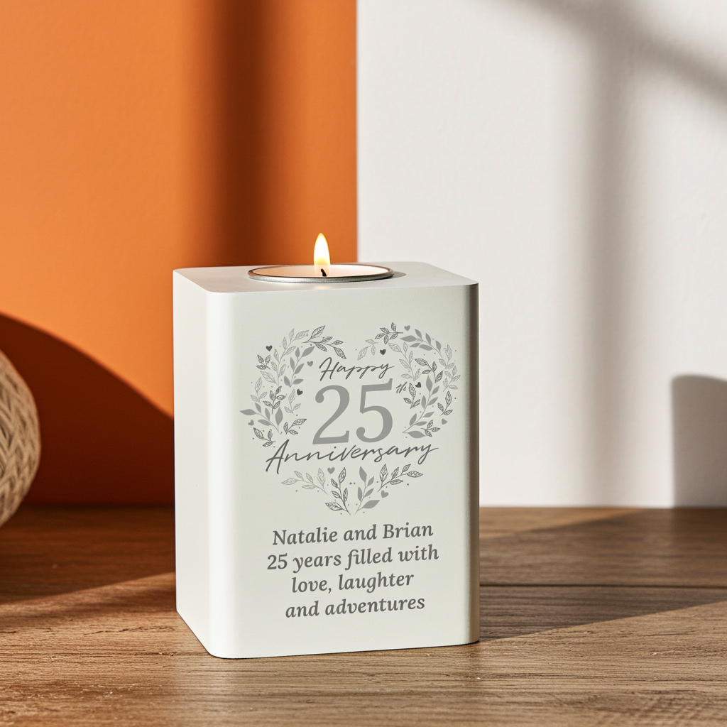 Personalised 25th Anniversary Tealight Holder | Silver Anniversary Keepsake - Artfully Curated Creations and identify whats in the image