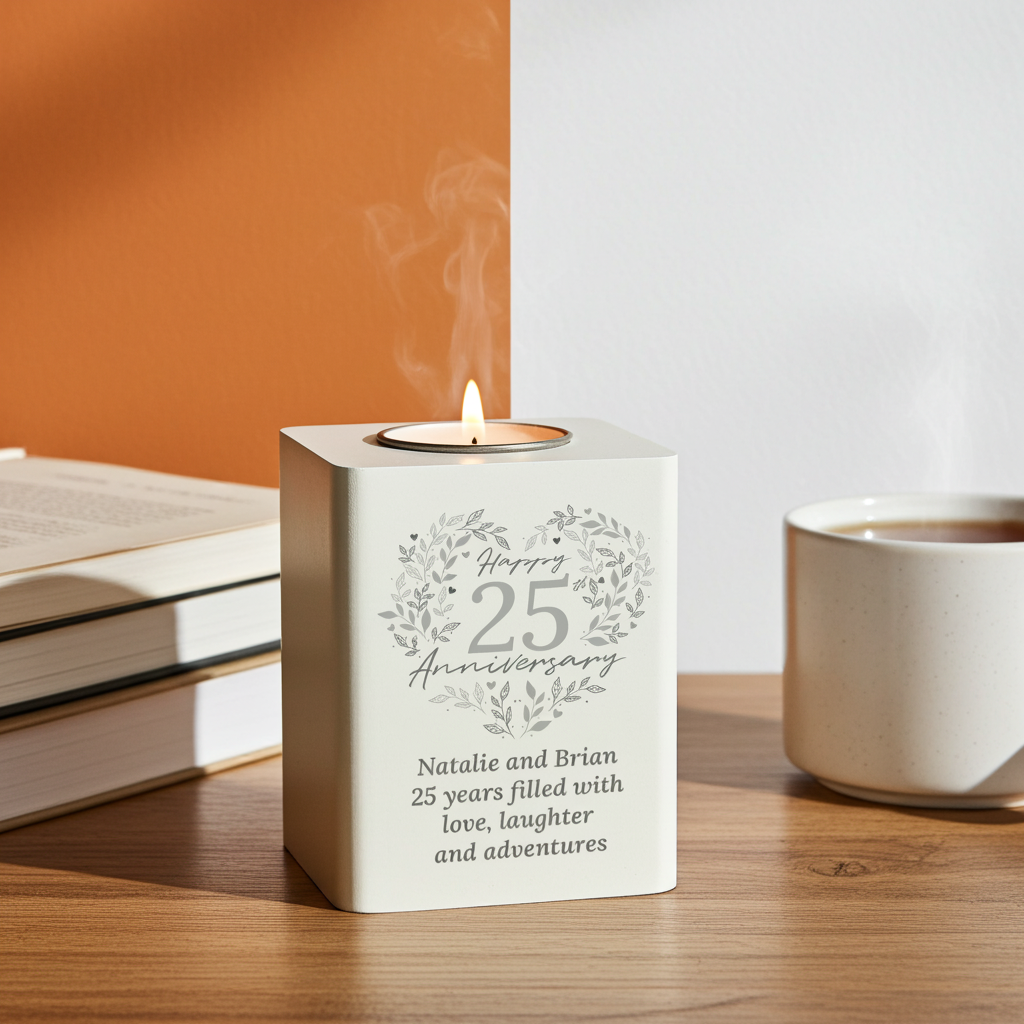 Personalised 25th Anniversary Tealight Holder | Silver Anniversary Keepsake - Artfully Curated Creations and identify whats in the image