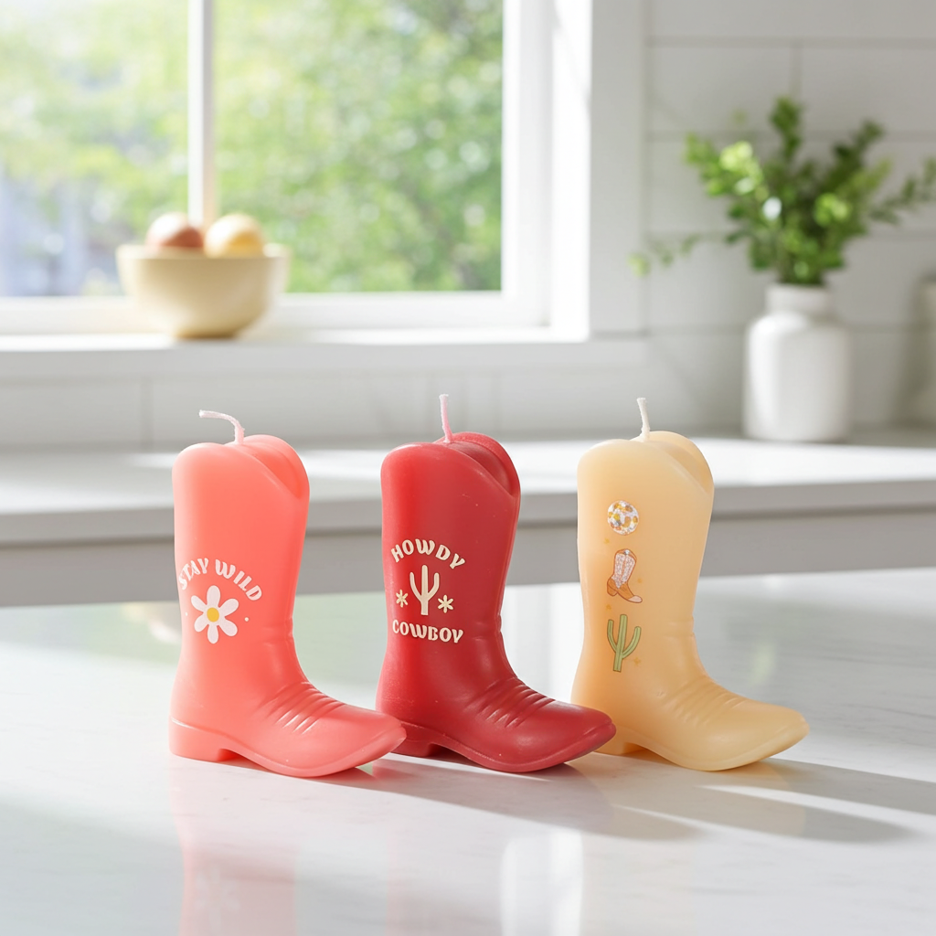 Howdy Cowboy Set of 3 Cowboy Boot Candles Pink Western Decor Unscented Paraffin Wax Novelty Candles with Fun Sayings, Drip-Style